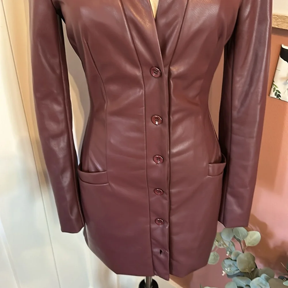 Superdown Nia faux leather Merlot mini buttons long sleeve blazer style S dress